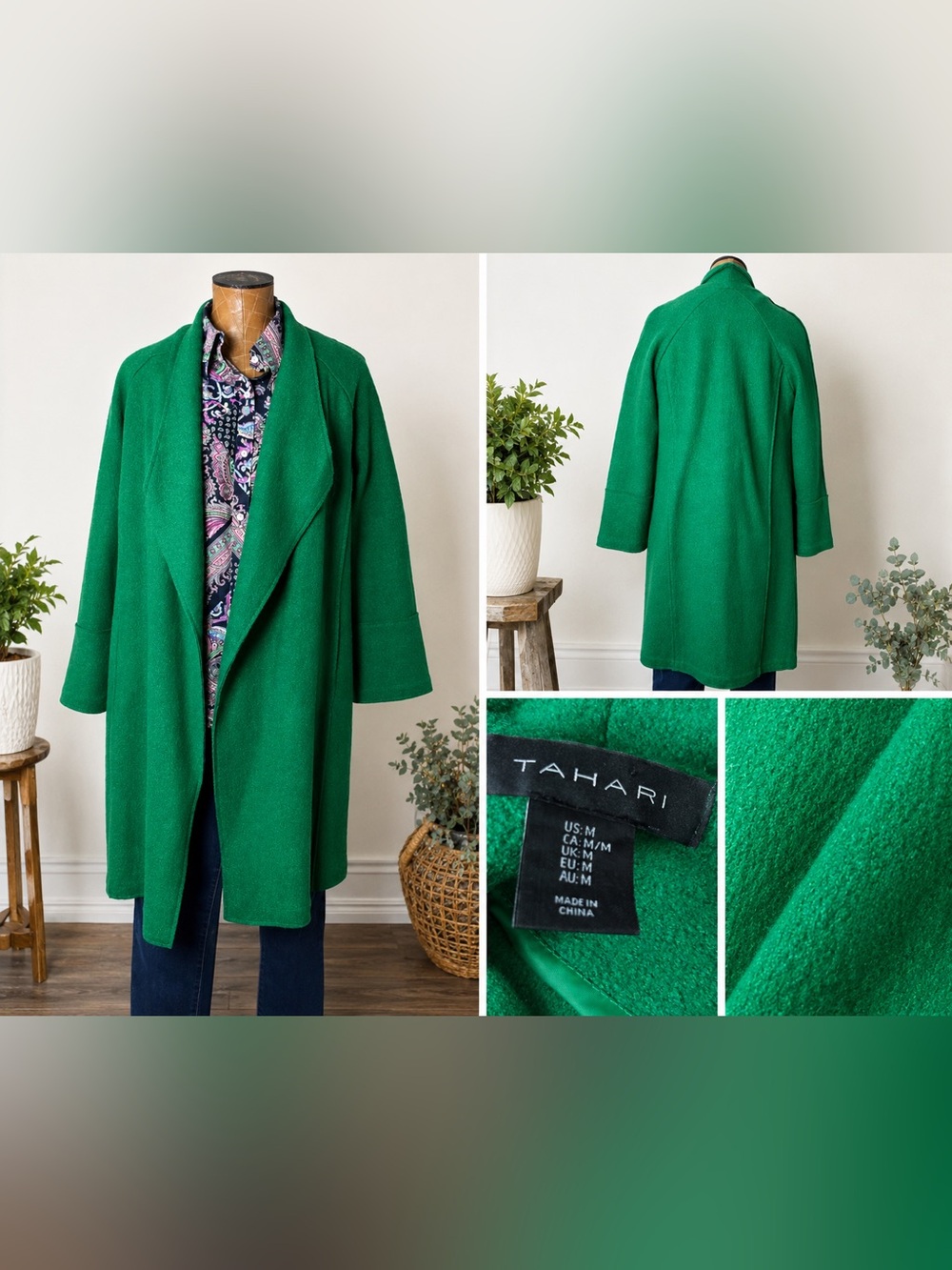 Tahari Wool & Viscose Open Front Duster Coat Emerald Green